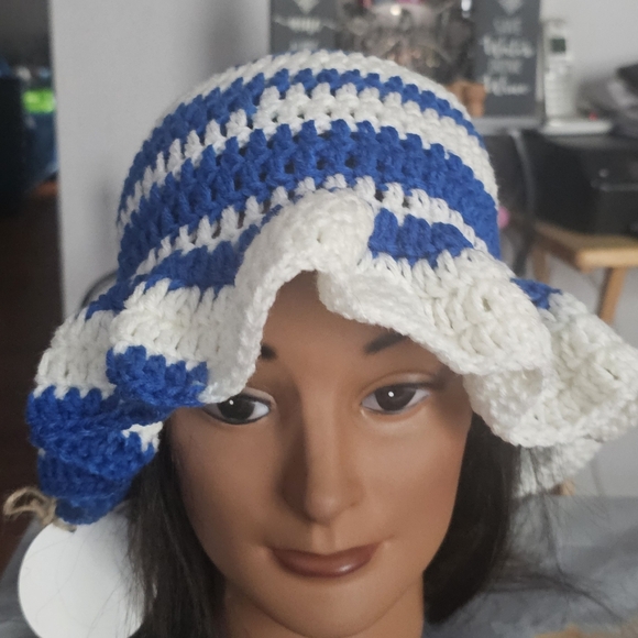 Crochet Blue and White Ruffle Bucket Hat main image 8